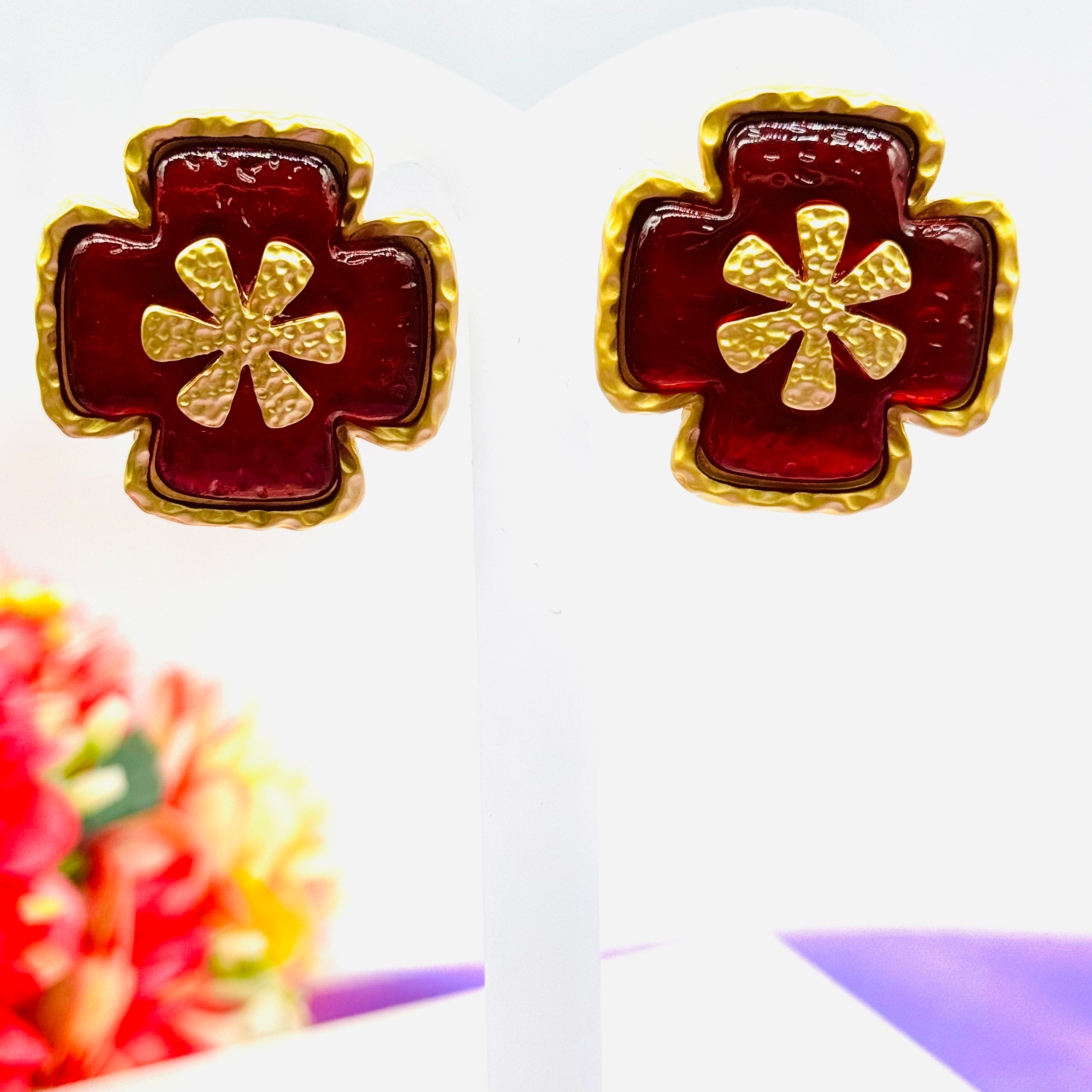 Aretes Cruz Dorado/Rojo