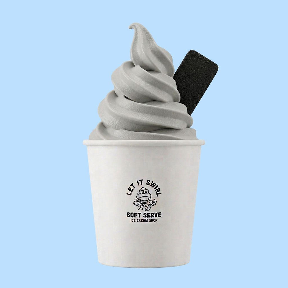 Black sesame soft serve gelato swirl with a cookie, in a Let It Swirl cup