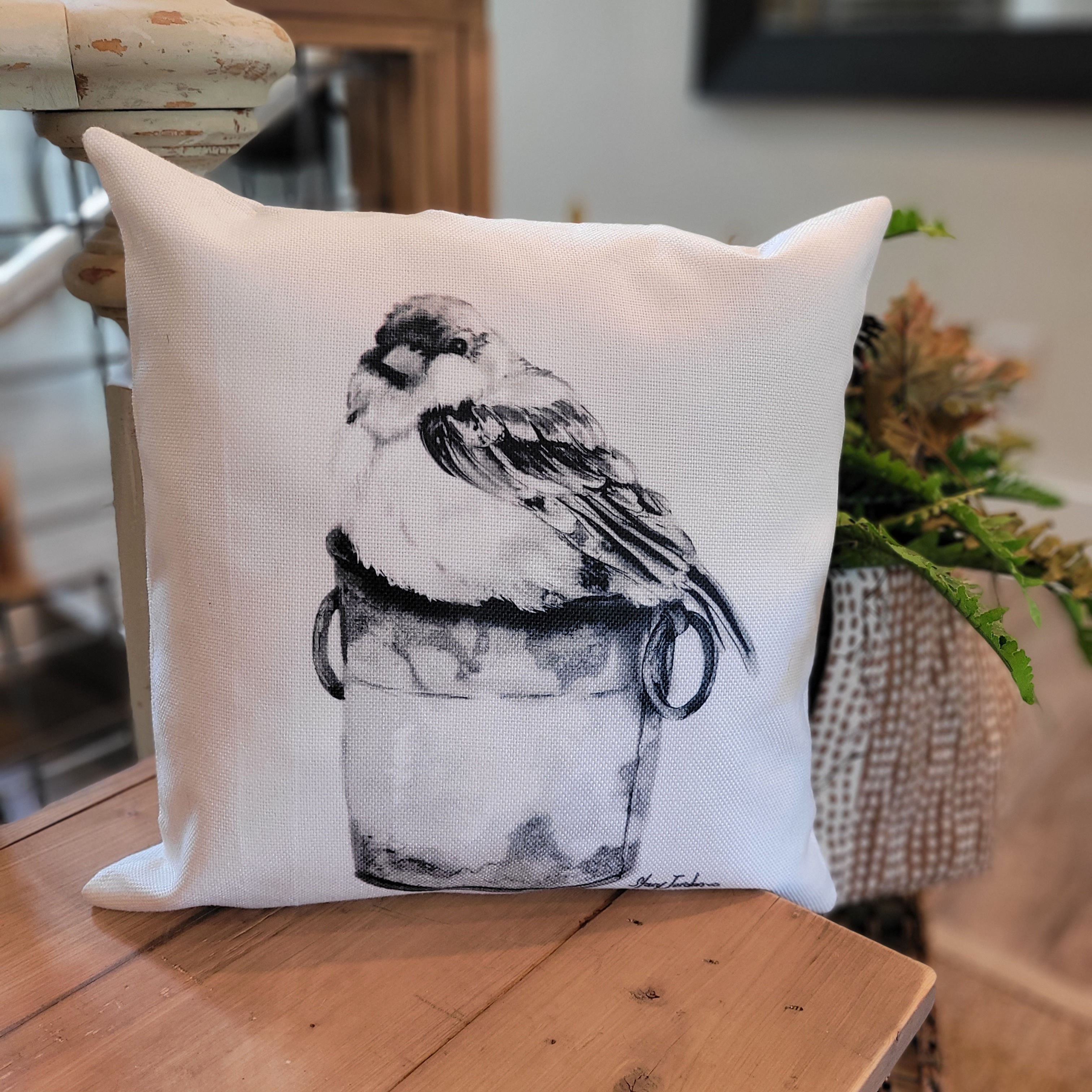 B&W Bird in Bucket Pillow Cover