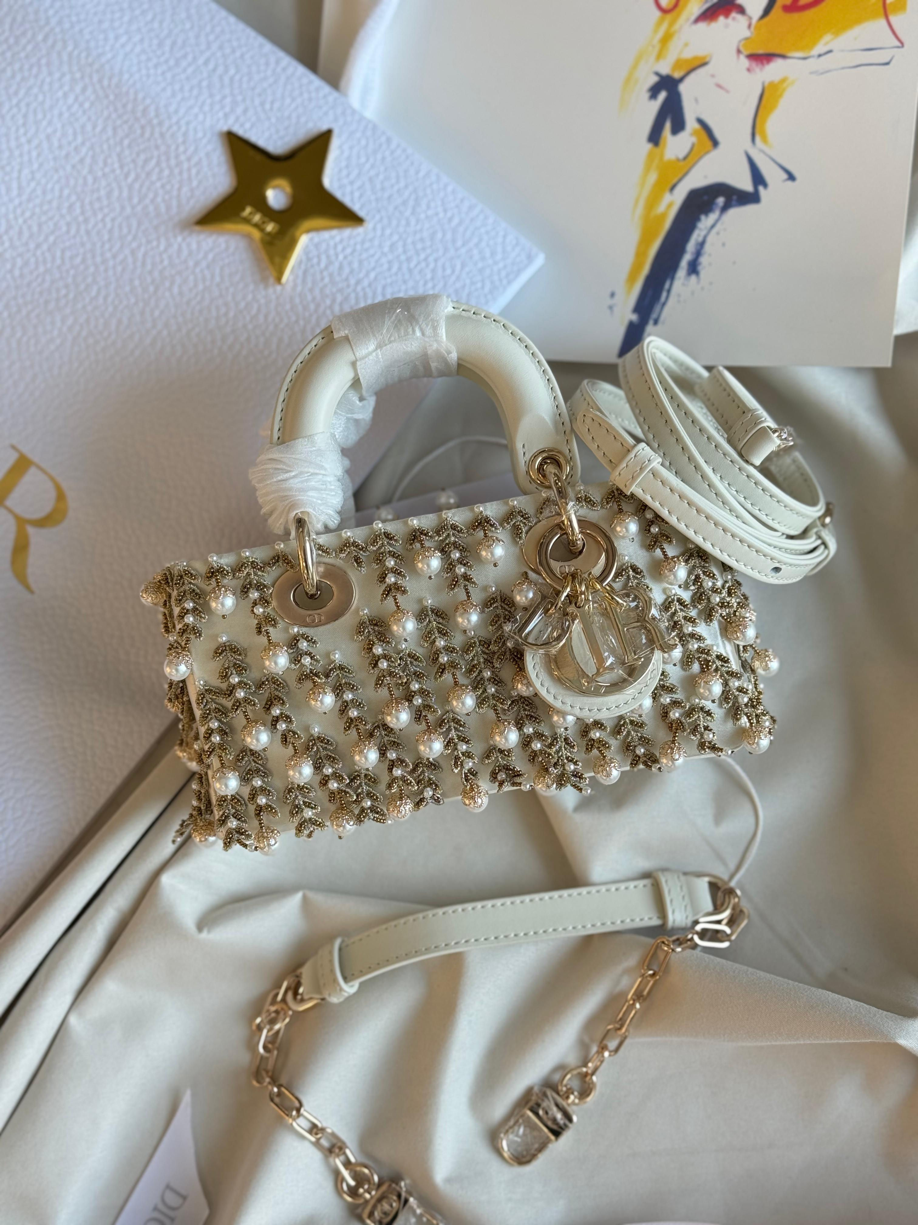 D!OR Lady D-Joy Satin Embroidered With White Resin Half-pearl Cannage