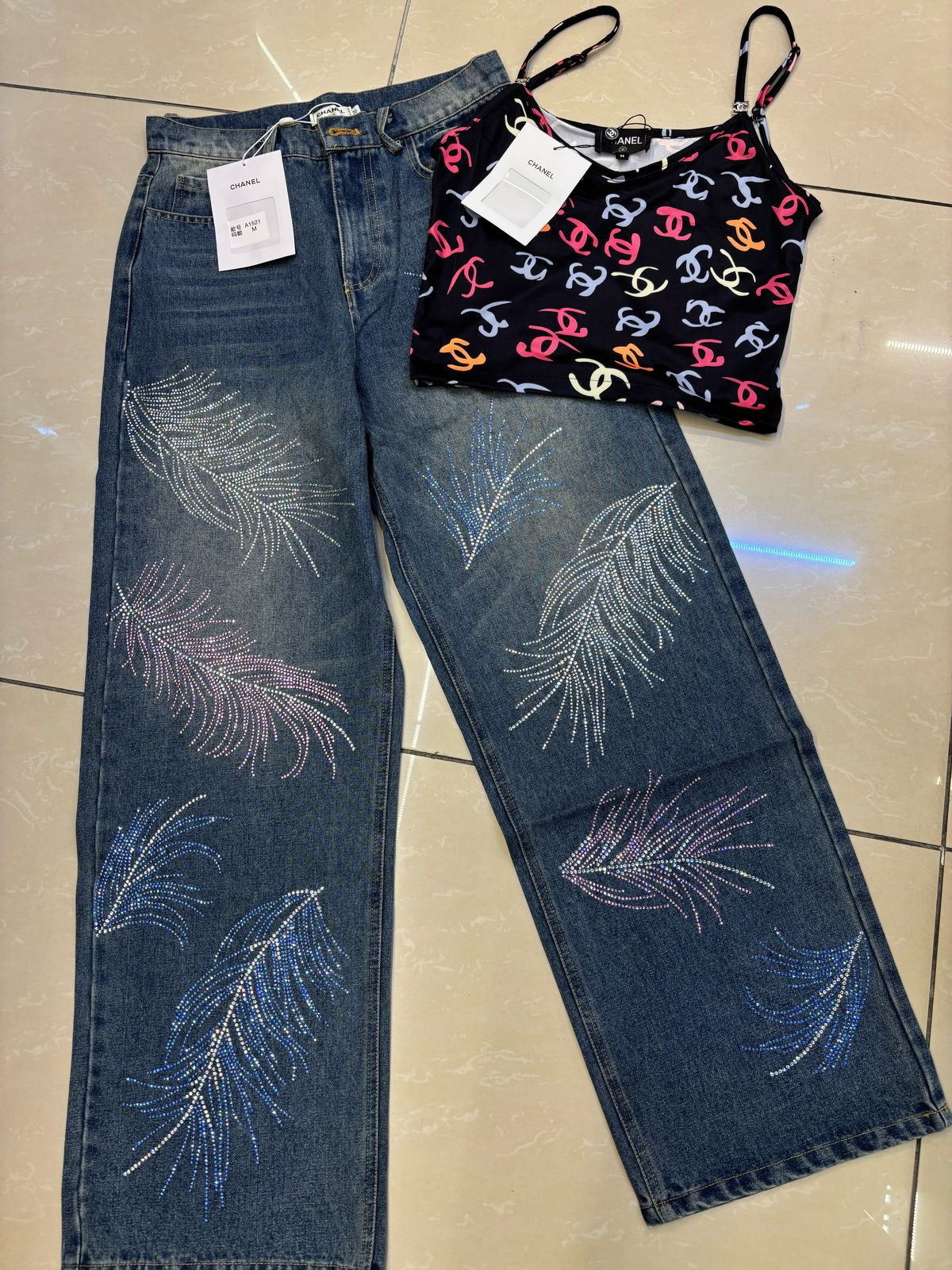 Chanel Shirt + Embroidered Denim  Blue & Multicolour Jeans