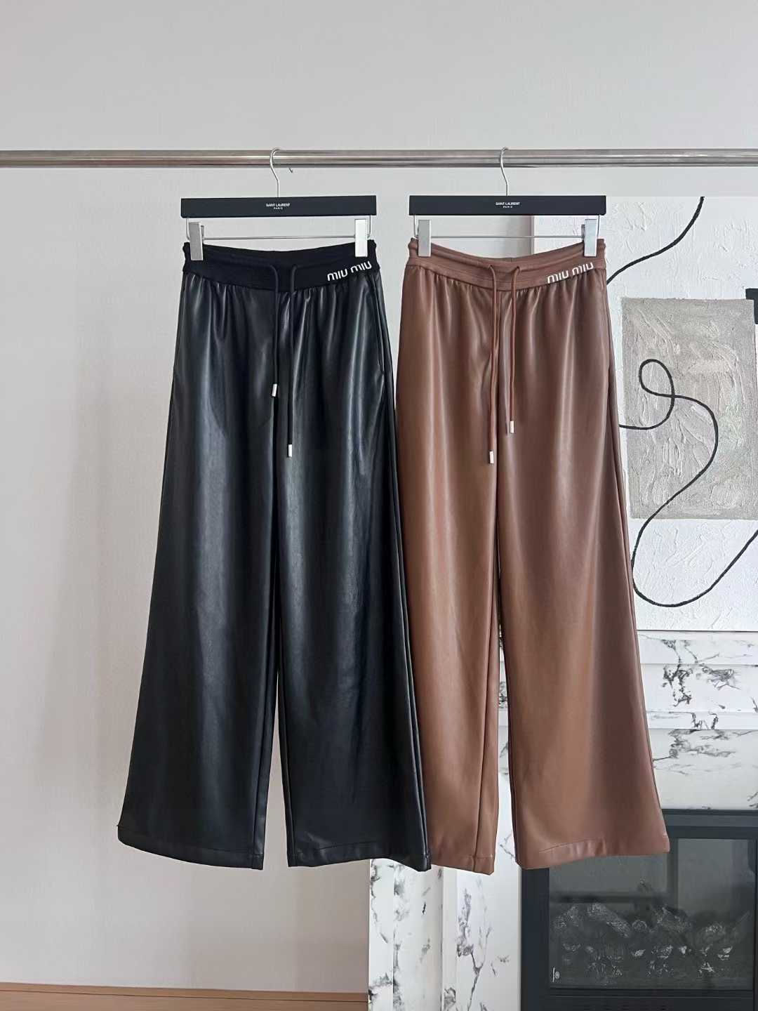 M!U M!U Smocked Elastic Waist Flowy Palazzo Wide Leg Trousers