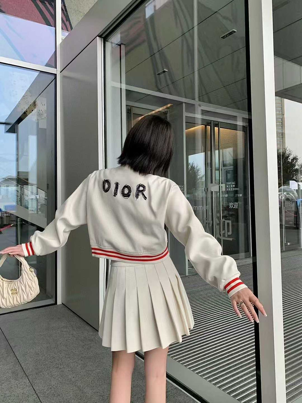 Thumbnail: D!OR Collared Two Tone Buttoned Cardigan + High Rise Plain Mini Pleated Skirt