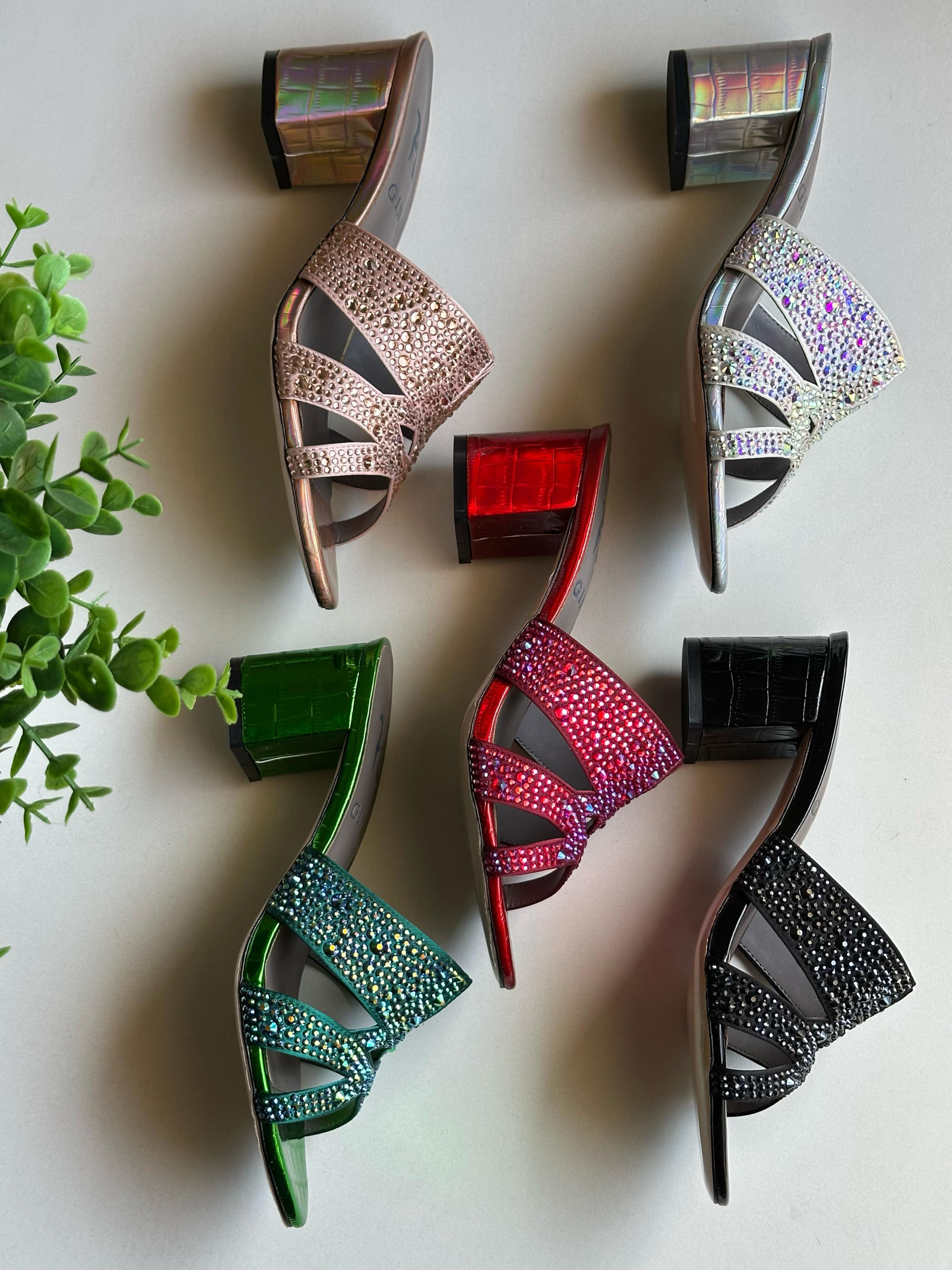 G!NA Crystal Embellished Leather Slide Sandals 