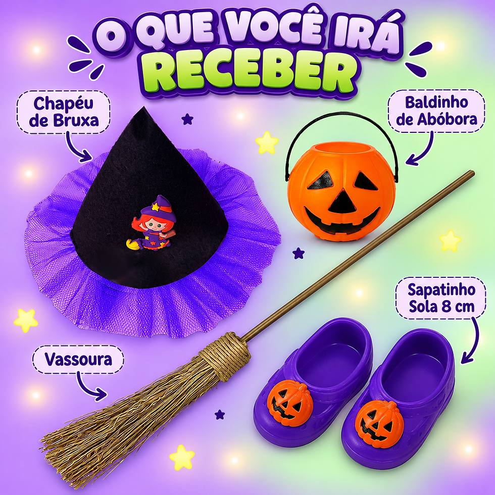 Miniatura: KIT ACESSÓRIOS TAM G: Chapéu, Vassoura, Abóbora, Sapatinho 8cm