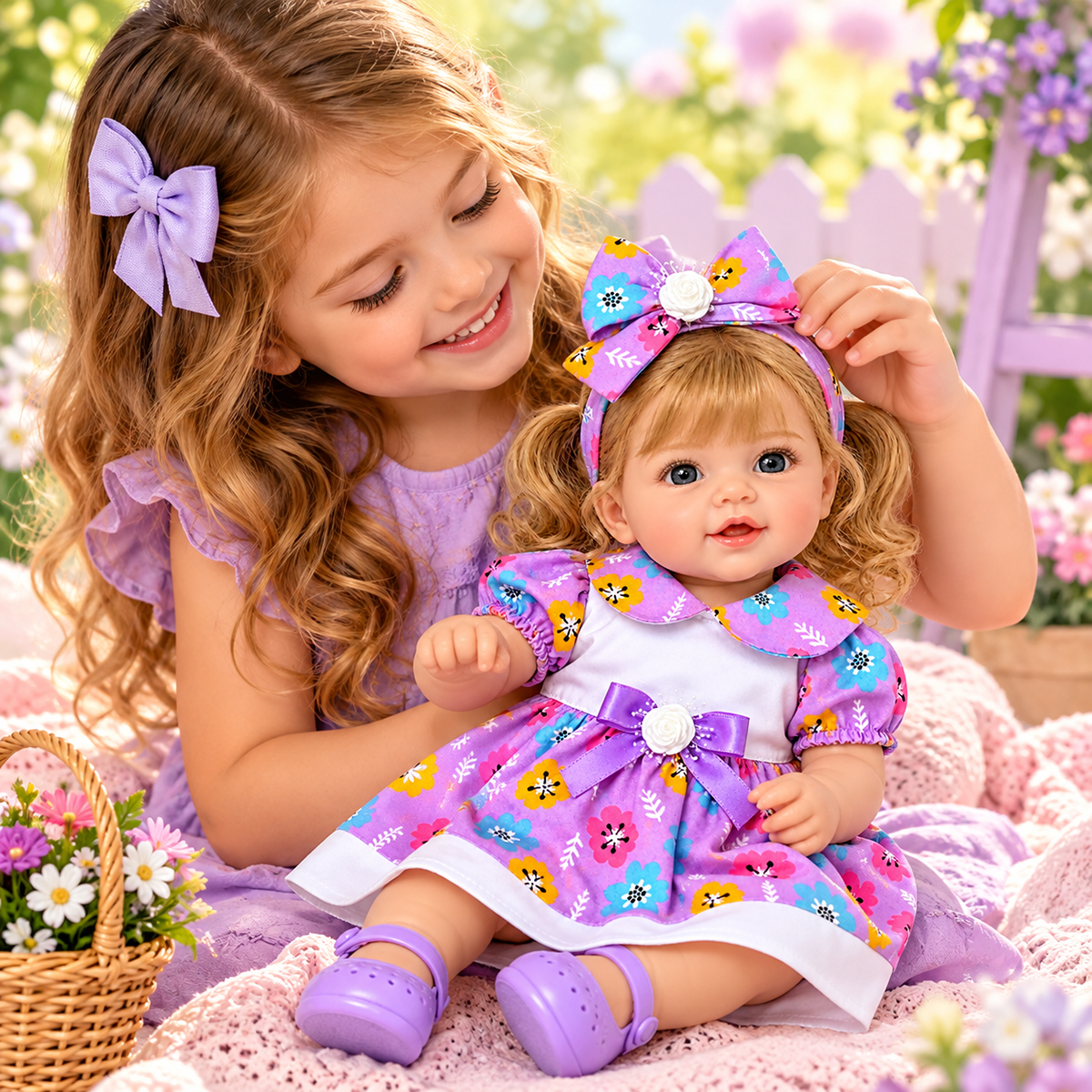 KIT PRIMAVERA DO ENCANTO TAM G - VESTIDO, TIARA, SAPATINHO E CESTINHA DE FLORES