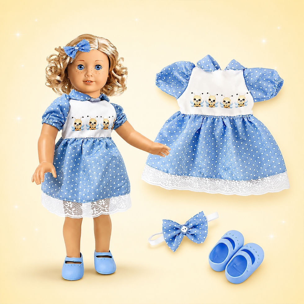 Miniatura: KIT VESTIDO COM TEMA DE ABELHINHAS - TAM M - AMERICAN GIRL e OUR GENERATION