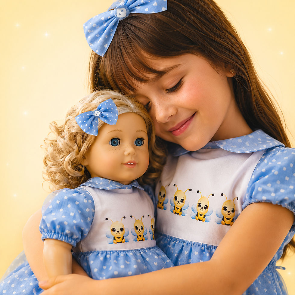 Miniatura: KIT VESTIDO COM TEMA DE ABELHINHAS - TAM M - AMERICAN GIRL e OUR GENERATION
