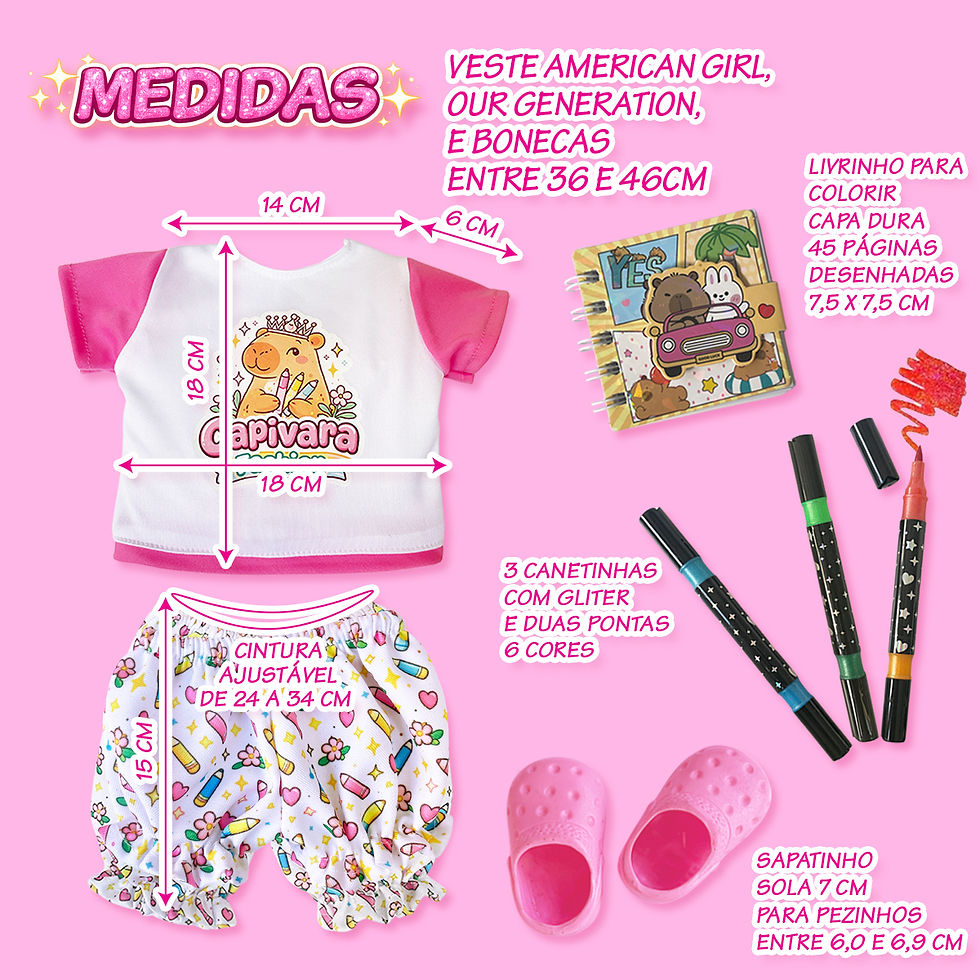 Miniatura: KIT CAPIVARA COM ROUPINHA + LIVRINHO PARA COLORIR + CANETINHAS COM GLITER