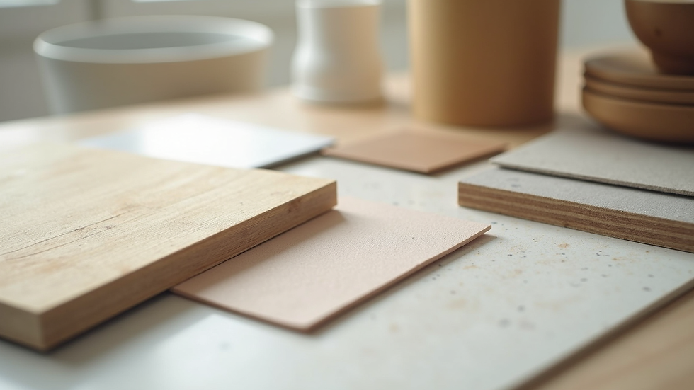 Close-up view of various home renovation materials including tiles, wood, and paint swatches