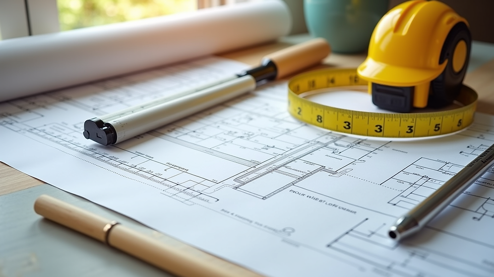 High angle view of a home renovation blueprint and measuring tape on a table