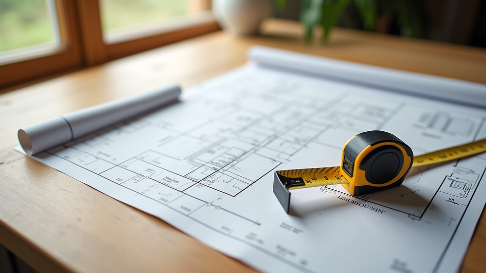High angle view of a home renovation blueprint and measuring tape on a wooden table