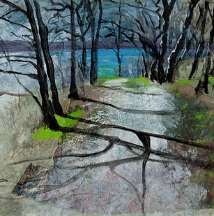 Peinture sur papier représentant l'abbaye de Paimpont et son lac, en Bretagne. Technique mixte : huile, acrylique, crayons. Atmosphère féérique. Marie BALDET