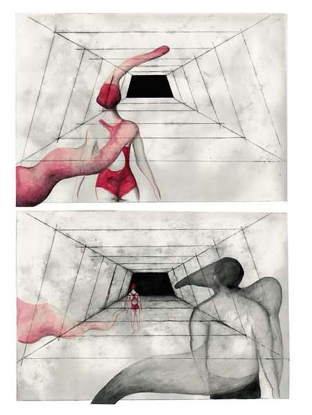 Nageurs. Gravure et aquarelle.