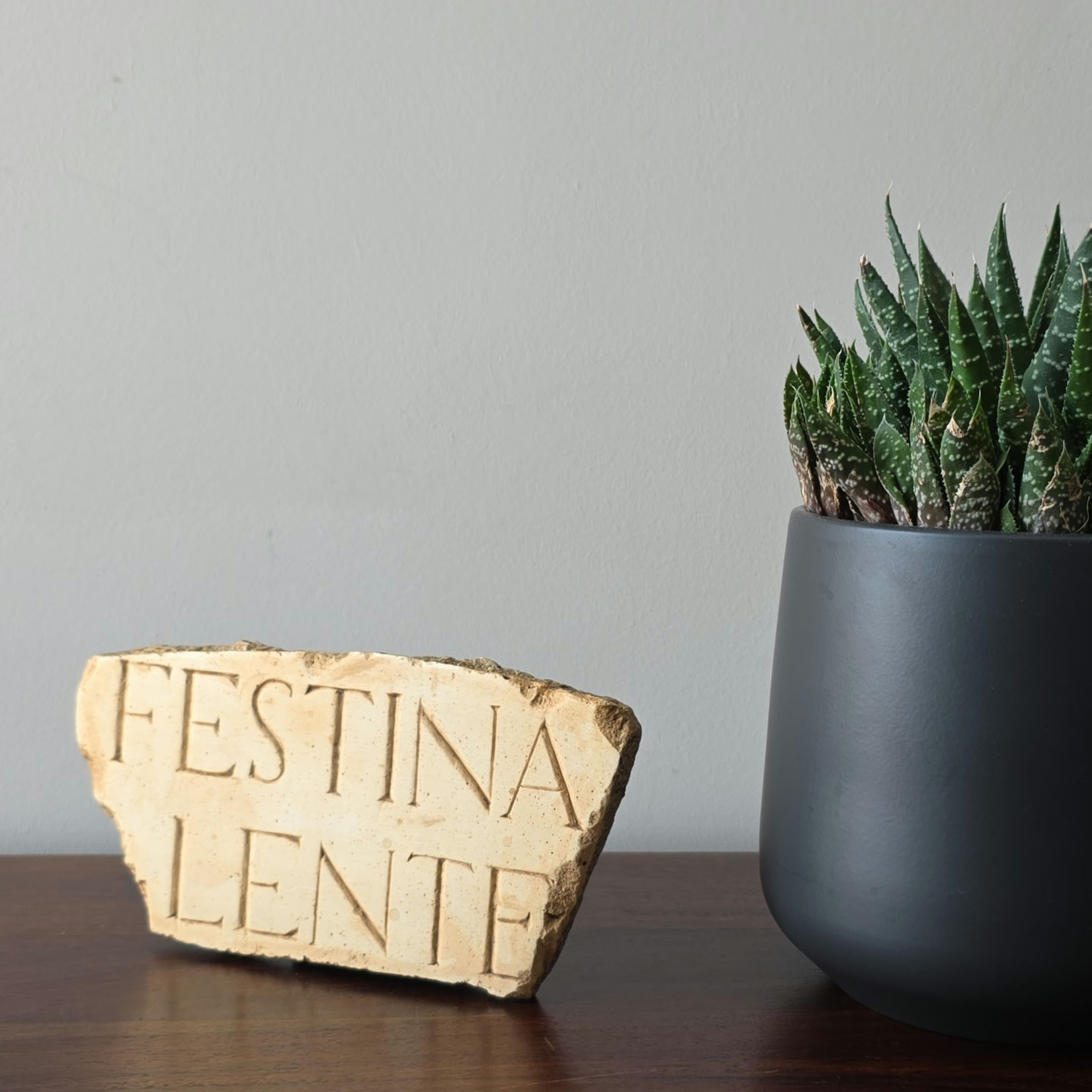 Latin inscription: 'More haste, less speed.'
