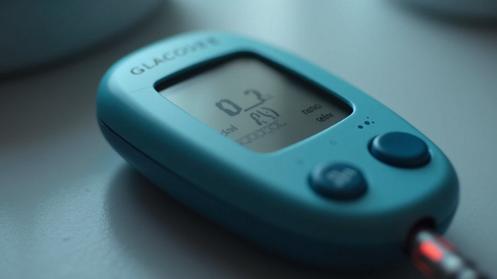 Close-up view of a glucose monitor displaying blood sugar levels