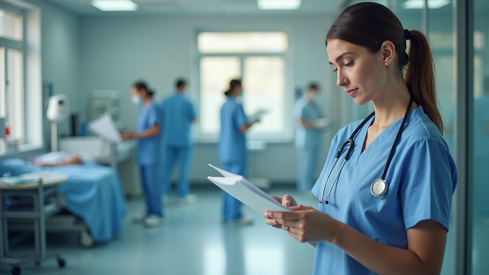 Eye-level view of a nurse reviewing patient notes in a clinical setting
