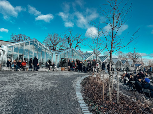 Visitors enjoying outdoor seating at Rosendals Trädgård, a scenic greenhouse café in Stockholm, on a crisp and sunny day.