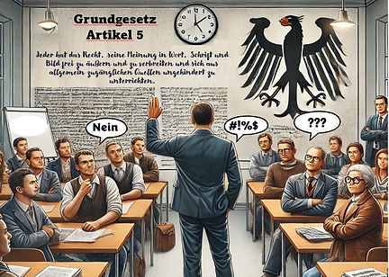 Illustration eines Seminarraums mit Teilnehmenden, einer Lehrperson und dem Hinweis auf Artikel 5 des Grundgesetzes an der Wand, zum Online-Seminar über rechten Populismus und Extremismus in der Weiterbildung.