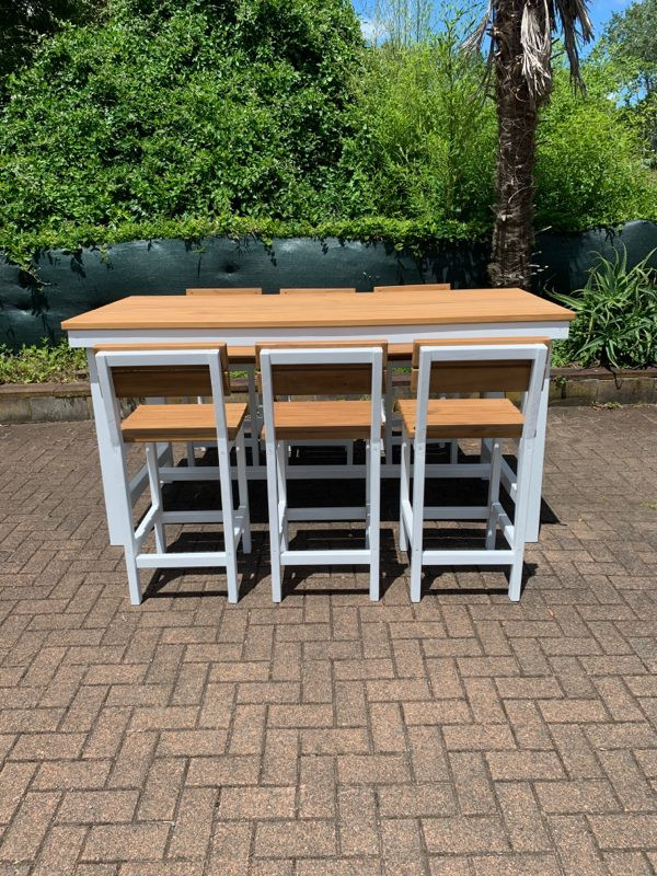 Thumbnail: 7 Piece White/Amber Pine Outdoor Bar Leaner and Tall Seat Set 2000mm