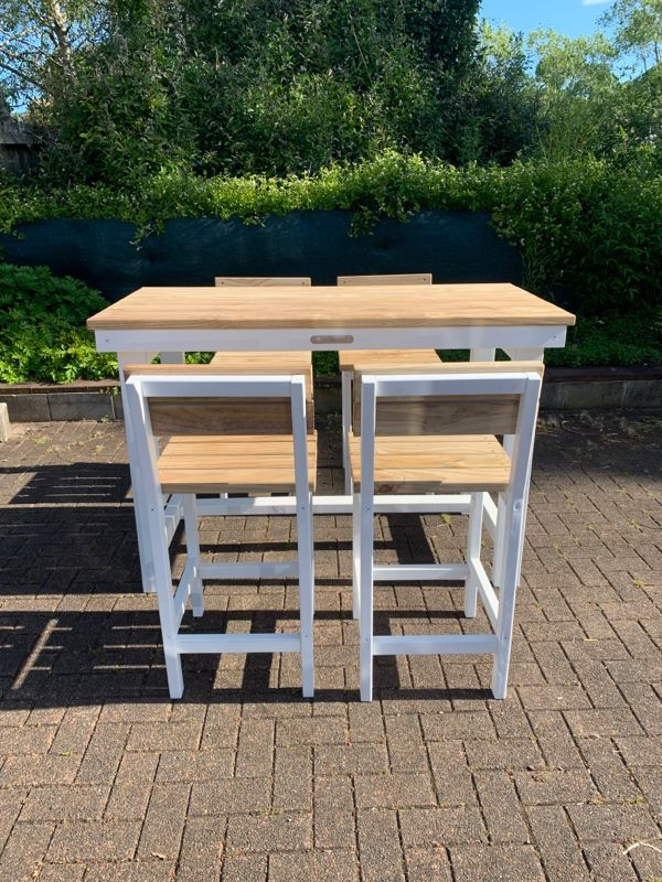 Thumbnail: 5 Piece White / Natural Pine Outdoor Bar Leaner and Tall Seat Set 1500mm