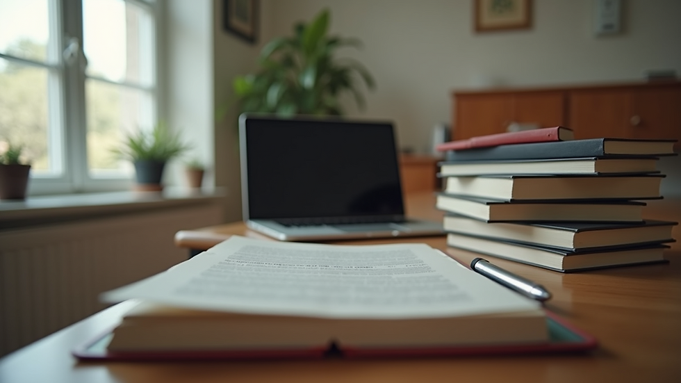 Eye-level view of a cozy home office with a laptop and books stacked neatly