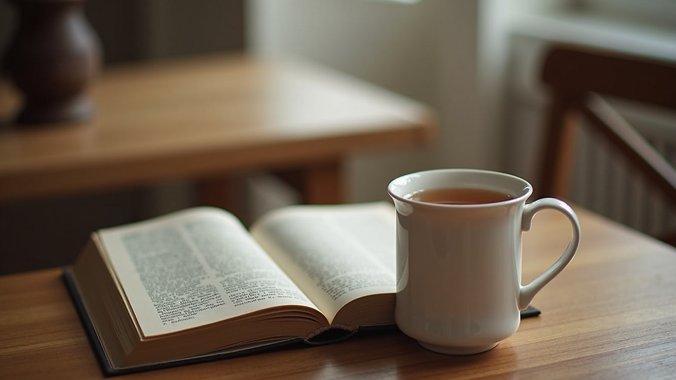 Close-up view of an open book with a cup of tea on a wooden table