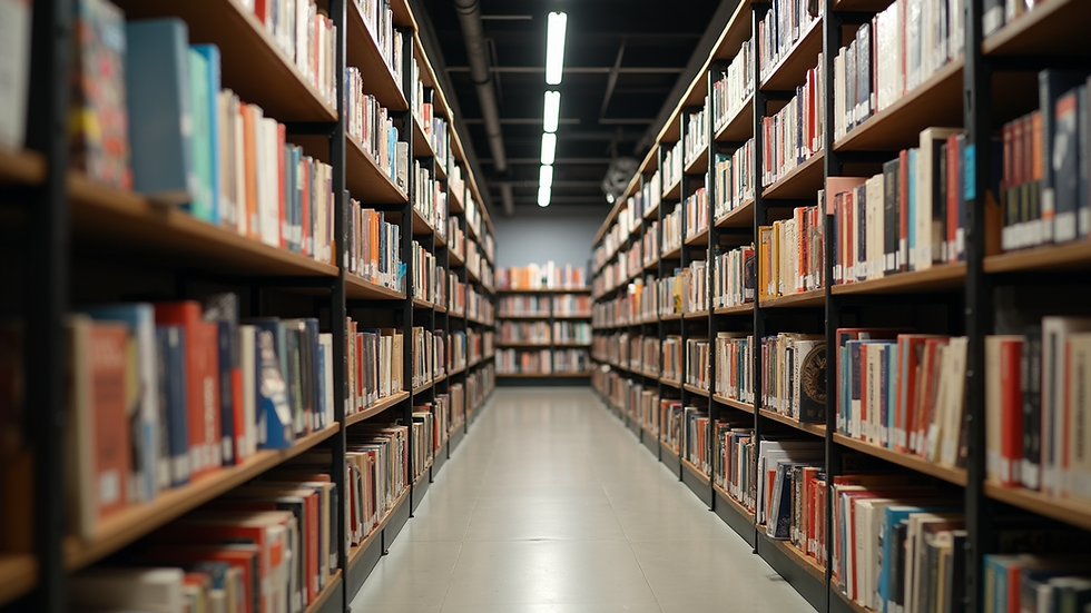Eye-level view of a modern Hong Kong bookstore with shelves filled with books