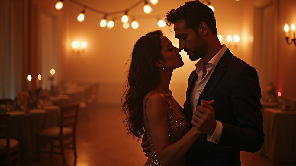 Eye-level view of a couple dancing tango in a cozy studio
