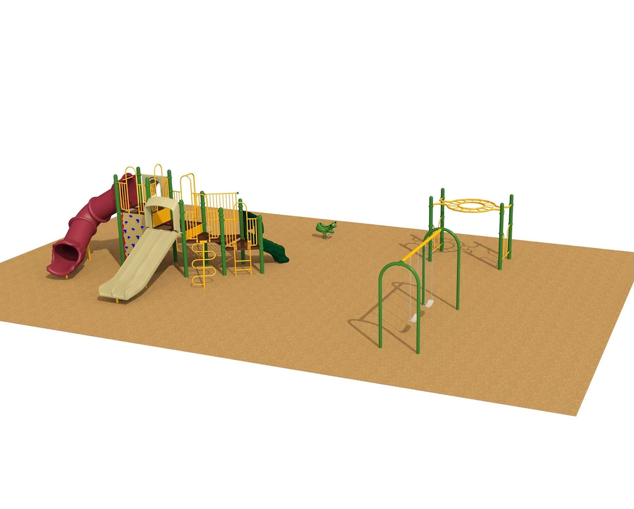 A 3-D computer model of a playground with slides, swings, and monkey bars.