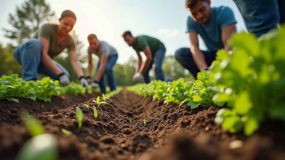 Eye-level view of community volunteers planting vegetables in a garden plot
