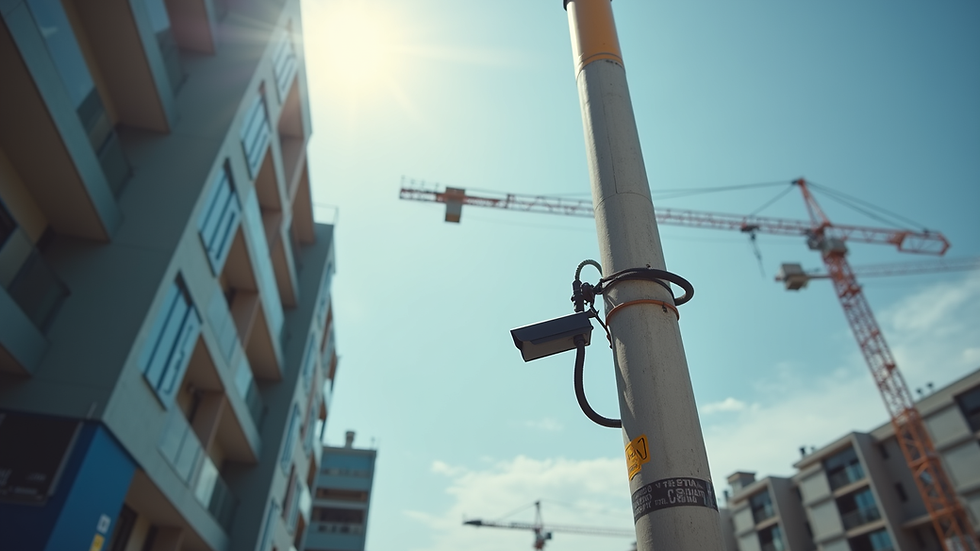 Eye-level view of a construction site with mounted security cameras
