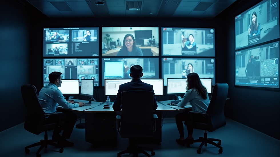 High angle view of a security control room with multiple camera monitors