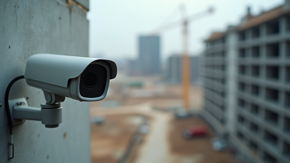 Eye-level view of a mounted security camera overlooking a construction site