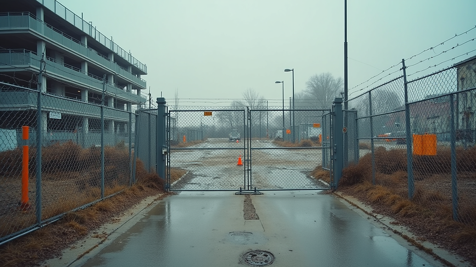 High angle view of a fenced construction site with locked gates