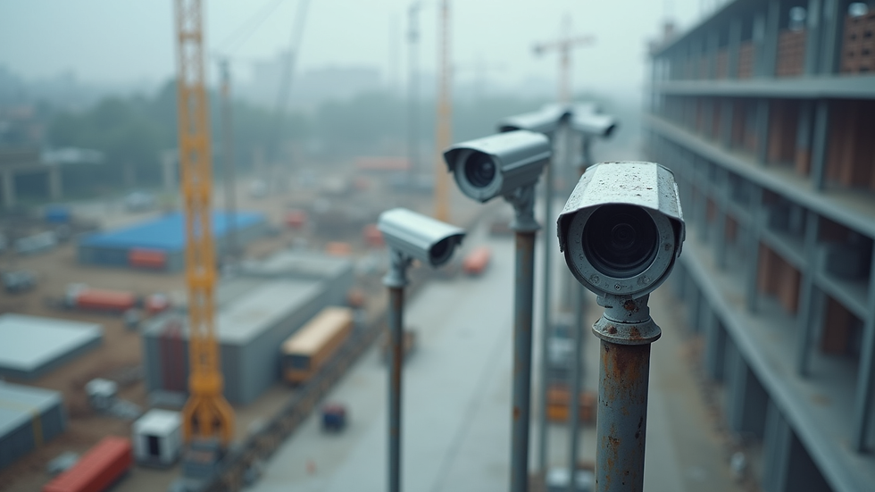 High angle view of a construction site with multiple security cameras installed on poles