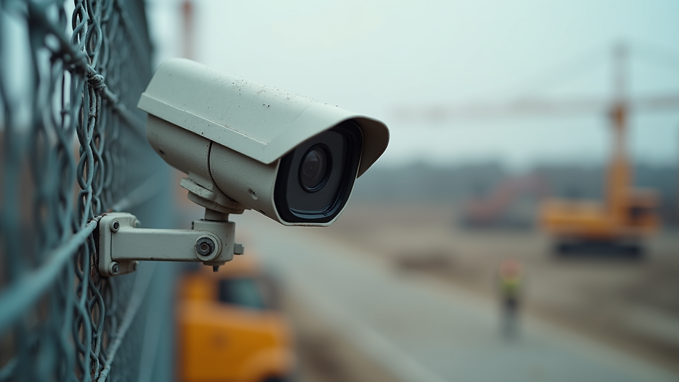 Eye-level view of a security camera mounted on a construction site fence