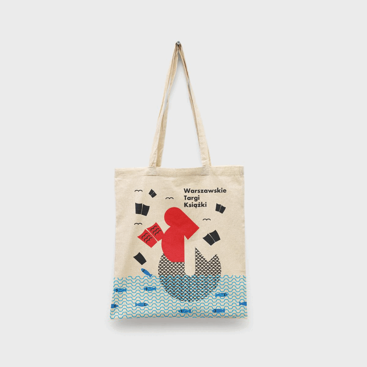 Carousel with linen bags - a part of visual identity of The Warsaw and The Kraków Book Fairs