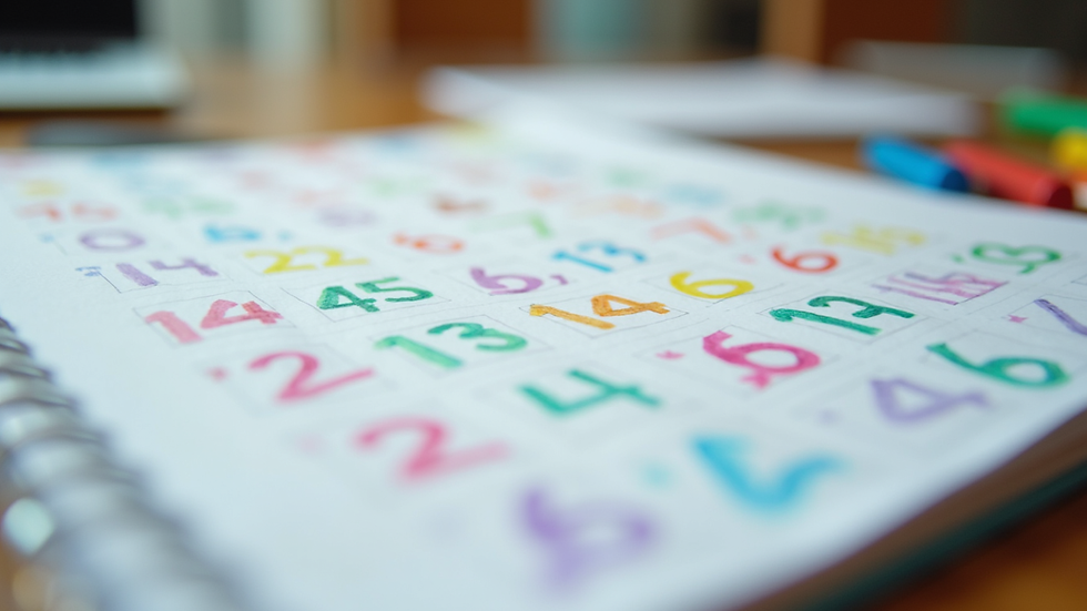 Eye-level view of a math workbook with colorful numbers and shapes