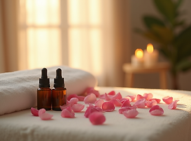 A serene spa setting with soft lighting, featuring a massage table adorned with fresh peta