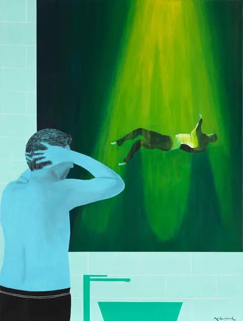 Oeuvre d'Art figuratif d'Abraham Aronovitch existentiel montrant une figure masculine bleue, vue de dos, observant dans un miroir une silhouette flottant dans une zone verte lumineuse. L’œuvre Critical Zone explore l’état de bascule, la vulnérabilité psychique et la frontière instable entre contrôle de soi et perte d’équilibre. Complete gallery