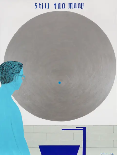 Peinture figurative d'Abraham Aronovitch montrant une figure masculine bleue observant un vaste disque gris presque vide, marqué d’un point central. L’œuvre Still Too Many évoque la perception obsessionnelle du nombre, la peur de l’altérité et la manière dont certaines minorités sont réduites à une présence jugée excessive par ceux qu’elles dérangent, indépendamment de leur réalité. Complete gallery