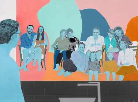 Peinture figurative d'Abraham Aronovitch représentant un portrait de famille composé de plusieurs générations, réunies dans un miroir aux aplats colorés — rose, orange, vert, bleu et noir — formant un arrière-plan abstrait et chaleureux. Une figure masculine bleue observe la scène. L’œuvre Life évoque la transmission, les liens affectifs et la construction de l’identité à travers le regard porté sur l’histoire familiale et sa mémoire émotionnelle. Complete gallery