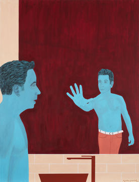 Abraham Aronovitch-figuratif-portrait-homme-regard sur soi-libre arbitre-motivation-positivite-reflet-art contemporain-tableau-bordeau-bleu-beige