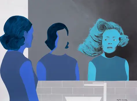 Peinture figurative d'Abraham Aronovitch montrant une figure féminine aux tonalités bleues face à un miroir aux surfaces grises et blanches, où apparaissent plusieurs visages fragmentés, dont l’un sans traits définis. Les contrastes de bleu profond, de bleu clair et de gris soulignent la dissociation des identités. L’œuvre Know Yourself explore la multiplicité du moi, le processus de reconnaissance de soi et la difficulté à saisir une image unifiée du sujet. Complete gallery