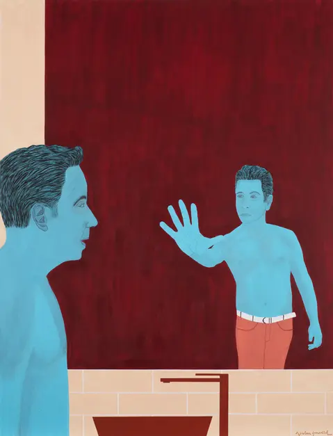 Peinture figurative d'Abraham Aronovitch représentant un homme bleu face à son reflet dans un miroir de salle de bain, la main levée comme un geste de refus ou de protection, sur un fond rouge profond. L’œuvre No Compromise For Yourself explore le dialogue intérieur, l’affirmation de soi et la confrontation psychologique avec sa propre image. Complete gallery