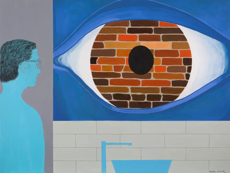Tableau figuratif d'Abraham Aronovitch montrant une figure masculine bleue observant, dans un miroir, un œil monumental dont l’iris est composé de briques. L’œuvre In My Eye – hommage à Magritte détourne le motif du regard pour interroger la perception, l’obstacle intérieur et la construction mentale du visible, en écho à l’univers surréaliste de Magritte. Complete gallery