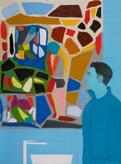 Tableau figuratif abstrait d'Abraham Aronovitch montrant une figure masculine bleue observant, à travers un miroir, une composition abstraite aux formes fragmentées et colorées, évoquant un espace clos. L’œuvre Enfermement – hommage à Nicolas de Staël explore la tension entre figuration et abstraction, ainsi que le sentiment d’enclavement psychique à travers un langage formel inspiré de De Staël. Complete gallery