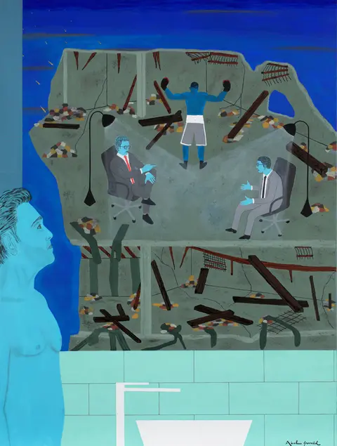 Tableau figuratif d'Abraham Aronovitch existentiel montrant une figure masculine bleue observant, à travers un miroir, une scène fragmentée de ruines où deux hommes en costume sont assis en discussion tandis qu’un boxeur, bras levés, se tient au centre. L’œuvre Save the Leaders interroge la responsabilité du pouvoir, la mise en scène de l’autorité et la fragilité des structures politiques et sociales. Complete gallery