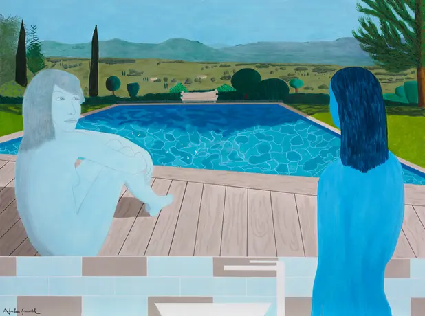 Escape, a contemporary figurative painting by Abraham Aronovitch showing a figure facing the bathroom mirror, whose reflection opens onto a projected landscape and a swimming pool, establishing a gap between immediate presence and the desire to escape.